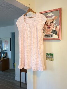 EILEEN WEST Nightgown Pink Floral Cotton Knit Ruffle Cottage Core Sz L